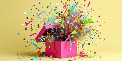 Bright pink gift box bursting open with colorful confetti against a soft yellow background