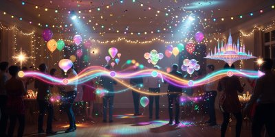 A colorful glowing timeline map showing progress milestones during a festive celebration