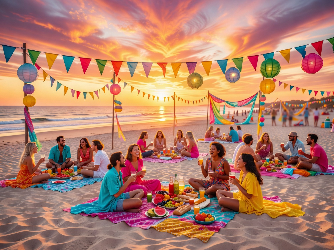 Vibrant beach picnic party at sunset with colorful festival decorations and happy atmosphere